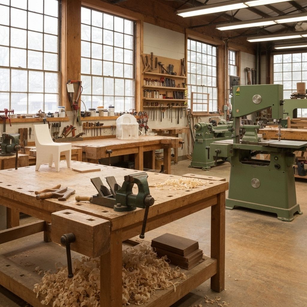 Interior of Prairie Craft Furniture Co. workshop showing traditional woodworking tools and modern equipment